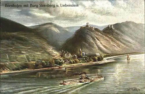 Kamp Bornhofen Rheinpanorama mit Burg Sternberg und Liebenstein Kuenstlerkarte Schiff Kat. Kamp Bornhofen