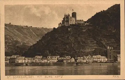 St Goarshausen Rheinpanorama mit Burg Katz Kat. Sankt Goarshausen