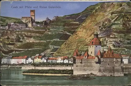 Kaub Rheinpanorama mit Pfalz und Ruine Gutenfels Kat. Kaub