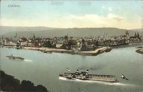 Koblenz Rhein Rheinpanorama mit Deutsches Eck Schiffe Kat. Koblenz