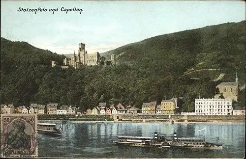 Koblenz Rhein Rheinpanorama mit Stolzenfels und Capellen Schiff Kat. Koblenz