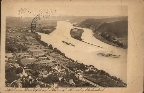 Rhoendorf Blick vom Drachenfels auf Honnef und Rolandseck Schiffe Kat. Bad Honnef