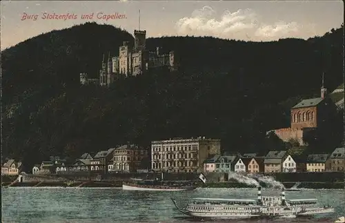 Koblenz Rhein Rheinpanorama mit Burg Stolzenfels und Capellen Schiff Kat. Koblenz