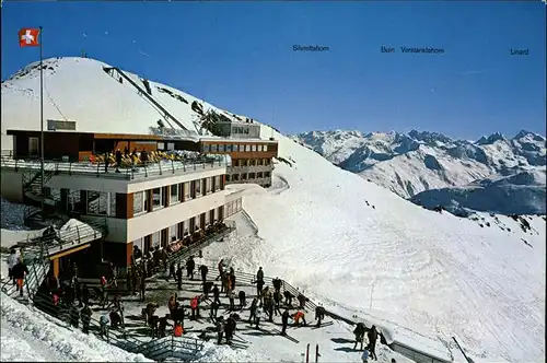 Davos GR Skigebiet Parsenn Bergrestaurant Weissfluhjoch Panorama Silvrettagruppe Kat. Davos