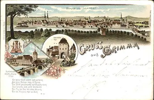 Grimma Stadt um 1630 Hohnstaedter Thor Churfuerstl Schloss und Bruecke Kat. Grimma