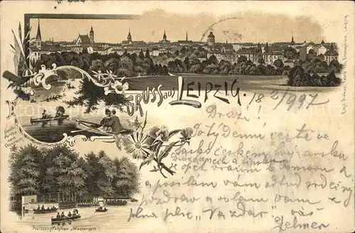 Leipzig Panorama Gondelfahrt Pleissenpfahlbau Wassergott Kat. Leipzig