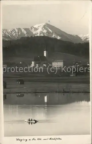 Waging See Panorama mit Hochfelln Chiemgauer Alpen Kirche Boot Kat. Waging a.See