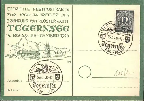 Tegernsee Festpostkarte 1200 Jahrfeier der Gruendung von Kloster und Ort Kat. Tegernsee