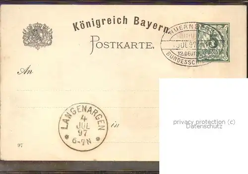 Nuernberg (Ereignisskarte) XII.Deut.Bundesschiessen vom 4. bis 11.Juli 1897 mit Sonderstempel vom 4.Juli 1897 Kat. Nuernberg