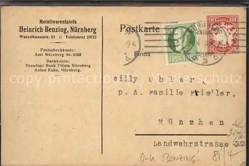 Nuernberg Firma Metallwarenfabrik Heinrich Benzing Kat. Nuernberg