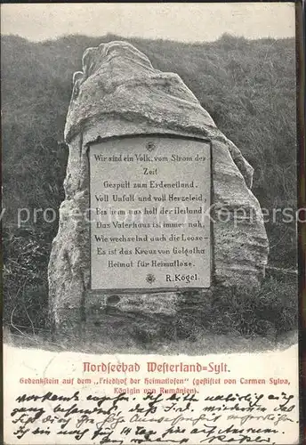 Westerland Sylt Gedenkstein auf dem Friedhof der Heimatlosen Kat. Westerland