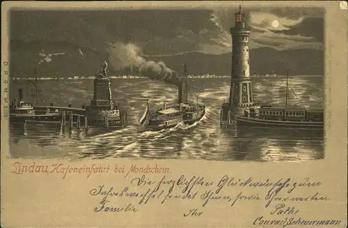 Lindau Bodensee Hafeneinfahrt mit Leuchtturm bei Mondschein Kat. Lindau (Bodensee)