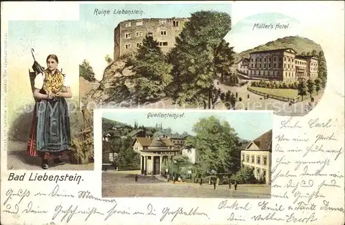 Bad Liebenstein Ruine Muellers Hotel Quellentempel Frau in Tracht Kat. Bad Liebenstein
