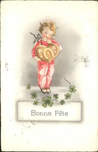 Glueckwunsch Bonne Fete Kind Hufeisen Herz Kleeblatt  Kat. Greetings