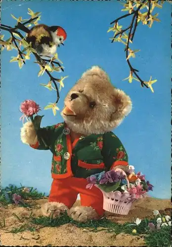 Teddy Teddybaer Teddy bear Blumen Vogel  Kat. Kinderspielzeug