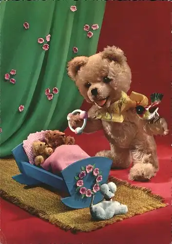 Teddy Teddybaer Teddy bear Wiege Vogel Pudel Rassel Kat. Kinderspielzeug