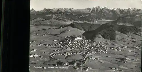 Einsiedeln Altusried Panorama mit Sihlsee und Glaernisch Glarner Alpen Fliegeraufnahme Kat. Altusried