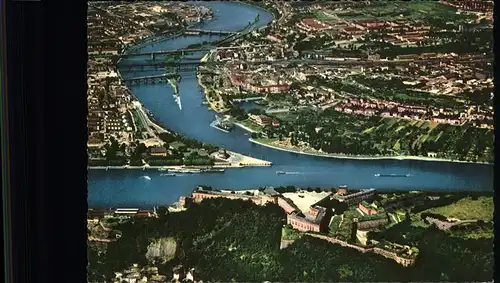 Koblenz Rhein Muendung Mosel in Rhein Deutsches Eck Denkmal Kaiser Wilhelm Festung Ehrenbreitstein Fliegeraufnahme Kat. Koblenz