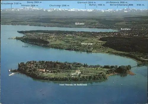 Insel Mainau Panorama mit Konstanz und Schweizer Alpen Fliegeraufnahme Kat. Konstanz