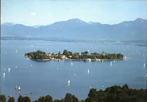 Fraueninsel Chiemsee mit Hochgern und Hochfelln Fliegeraufnahme Kat. Chiemsee