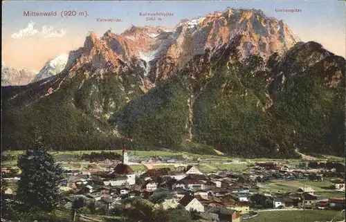 Mittenwald Bayern Ortsansicht mit Alpenpanorama Kat. Mittenwald