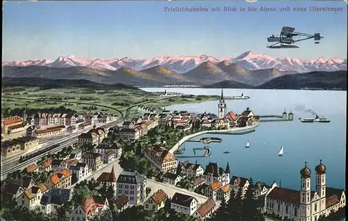 Friedrichshafen Bodensee aus der Vogelschau mit Alpenpanorama Feldpost Kat. Friedrichshafen