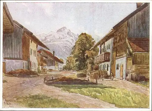 Farchant Dorfstrasse mit Alpspitze Zeichnung Kat. Farchant