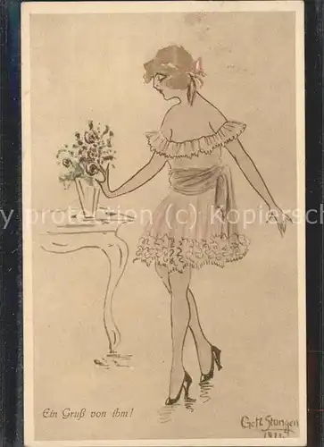 Kuenstlerkarte Getz Stungen Frau Zeichnung Blumen Kat. Kuenstlerkarte