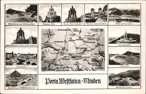 Minden Westfalen Kaiser Wilhelm Denkmal Porta Westfalica Bismarckturm Hausberge Wittekindsberg Wesertal Weserbruecke Weserbogen Mittellandkanal Gebietskarte Kat. Minden