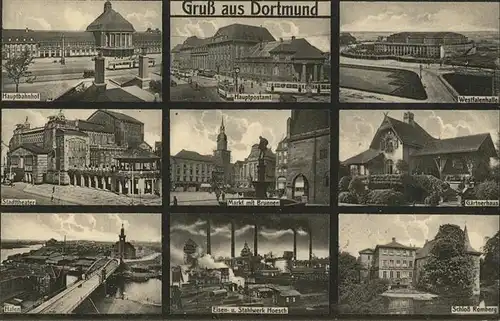 Dortmund Hauptbahnhof Postamt Westfalenhalle Stadttheater Markt Brunnen Gaertnerhaus Hafen Stahlwerk Hoesch Schloss Ramberg Kat. Dortmund