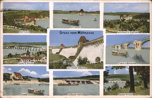 Moehnesee Sperrmauer Kraftwerk ueberlauf Delecker Viadukt Strandbad Koerbecker Viadukt Seehof Wameler Bruecke Stockumer Damm Kat. Moehnesee