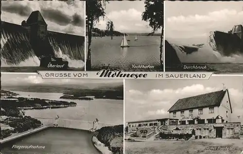 Moehnesee ueberlauf Yachthafen Durchbruch Fliegeraufnahme Hotel Pantel Kat. Moehnesee