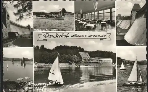 Moehnesee Sperrmauer Anlegestelle Restaurant Seehof Sonnensaal ueberlauf Terrasse Segelboote Kat. Moehnesee