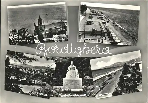 Bordighera Chiesa di S Ampeglio Kursaal e spiaggia Panorama Statua delle Regina Margherita Lungomare Kat. Bordighera