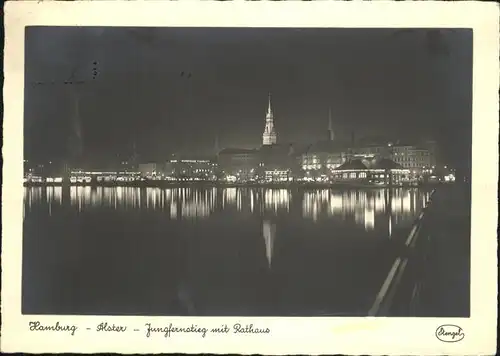 Hamburg Alster Jungfernstieg mit Rathaus bei Nacht Kat. Hamburg