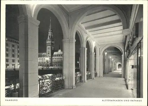 Hamburg Alsterarkaden Rathaus bei Nacht Kat. Hamburg