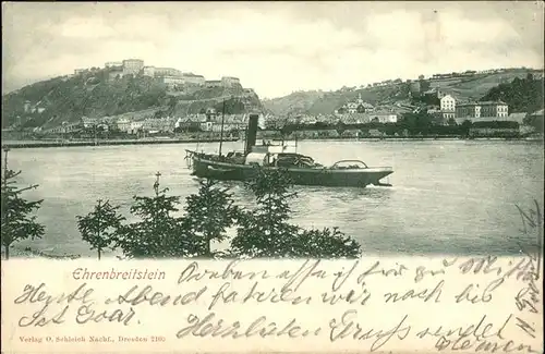 Ehrenbreitstein Panorama am Rhein mit Burg und Schiff Kat. Koblenz