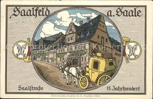 Saalfeld Saale Postkutsche Kuenstlerkarte Wappen Kat. Saalfeld