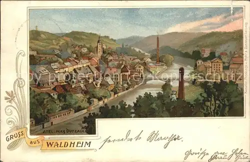 Waldheim Sachsen Panorama mit Fluss Kuenstlerkarte Kat. Waldheim Sachsen