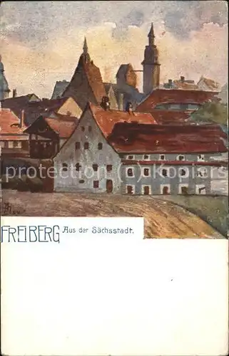 Freiberg Kuenstlerkarte Panorama mit Kirche Blumentag 20.5.1911 Kat. Freiberg