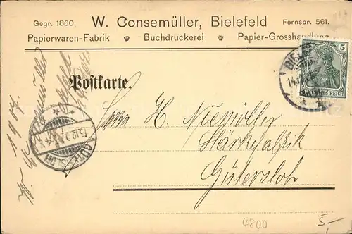 Bielefeld W.Consemueller Papierfabrik  Kat. Bielefeld