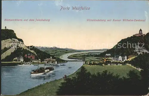 Porta Westfalica Bismarckturm auf Jakobsberg Kaiser Wilhelm Denkmal Schiffe Fluss Kat. Porta Westfalica