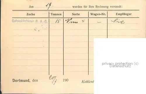 Dortmund Lieferschein Quittung Westfaelische Kohlenhandelsgesellschaft Kat. Dortmund