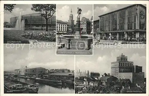 Dortmund Westfalenhalle Union Hochhaus Hafen Blaeserbrunnen und Reinholdikirche Kat. Dortmund