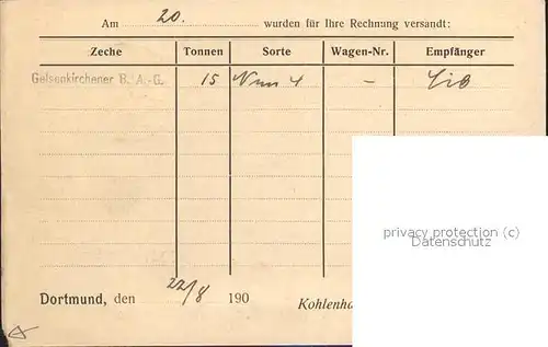 Dortmund Lieferschein Quittung Westfaelische Kohlenhandelsgesellschaft  Kat. Dortmund