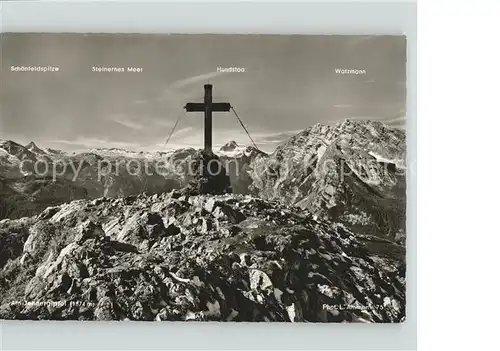 Jenner Berchtesgaden Gipfelkreuz Alpenpanorama mit Schoenfeldspitze Steinernes Meer Hundstod Watzmann Kat. Berchtesgaden