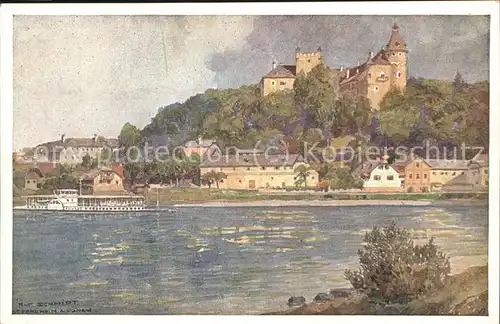 Ottensheim mit Dampfschiff auf der Donau Kat. Ottensheim