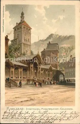 Karlsbad Eger Boehmen Stadtturm Marktbrunnen u.Colonade Kat. Karlovy Vary