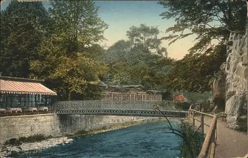 Karlsbad Eger Boehmen Partie an der Tepl bei Cafe Freundschaftssaal Bruecke Kat. Karlovy Vary