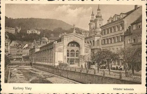Karlovy Vary Vridelni kolonada aeussere Sprudelkolonnade Kirchtuerme / Karlovy Vary /